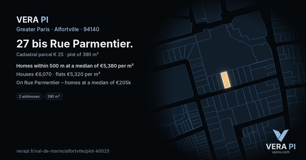 27 bis Rue Parmentier, Alfortville at night – the plot lit, the parcels around coloured by the prices near them