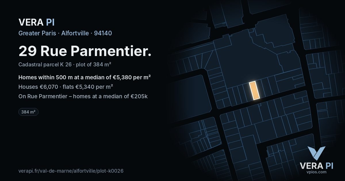 29 Rue Parmentier, Alfortville at night – the plot lit, the parcels around coloured by the prices near them