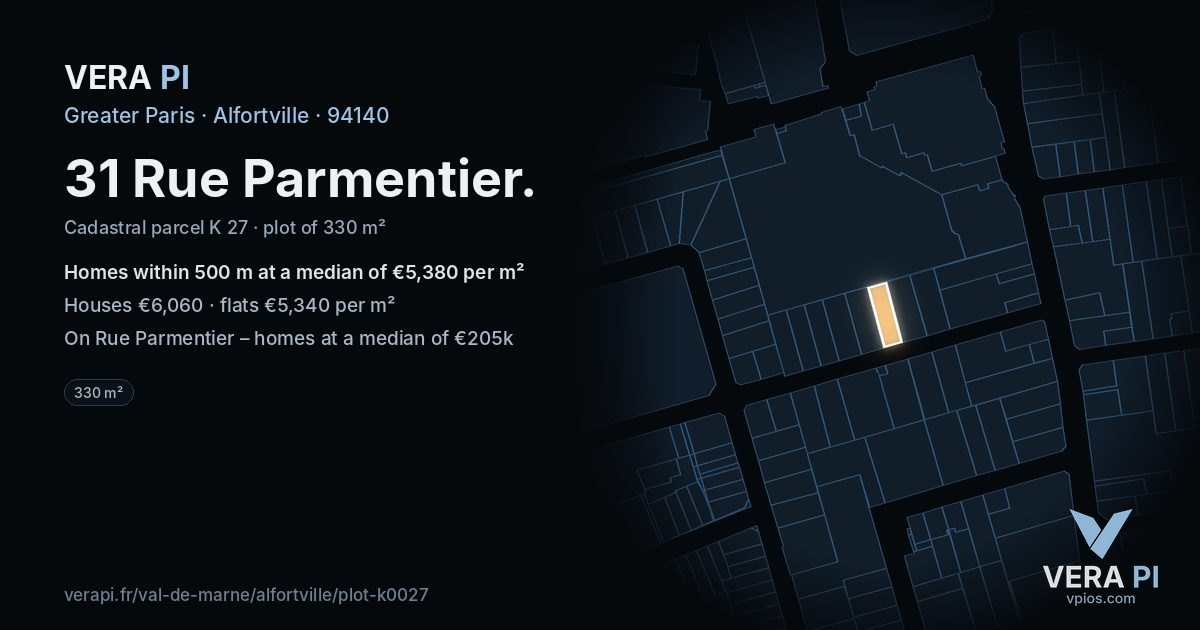 31 Rue Parmentier, Alfortville at night – the plot lit, the parcels around coloured by the prices near them