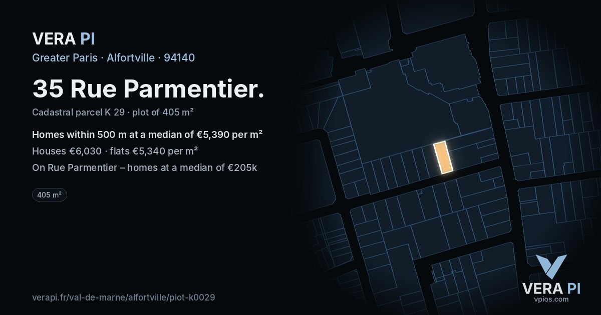 35 Rue Parmentier, Alfortville at night – the plot lit, the parcels around coloured by the prices near them