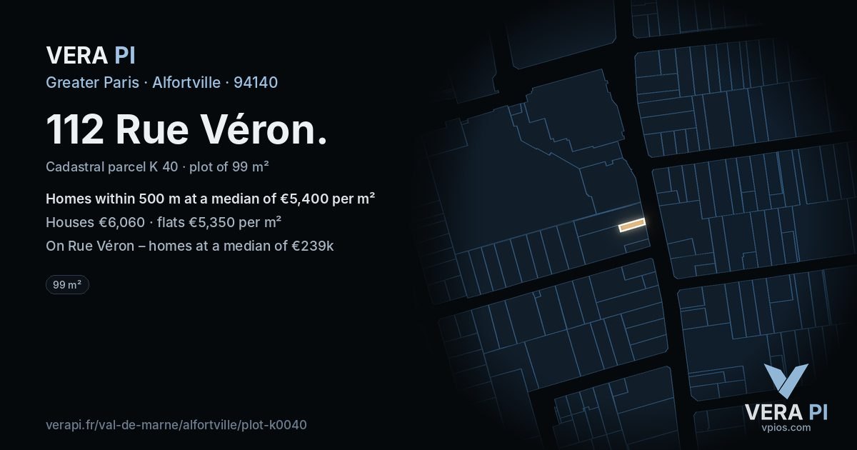 112 Rue Véron, Alfortville at night – the plot lit, the parcels around coloured by the prices near them