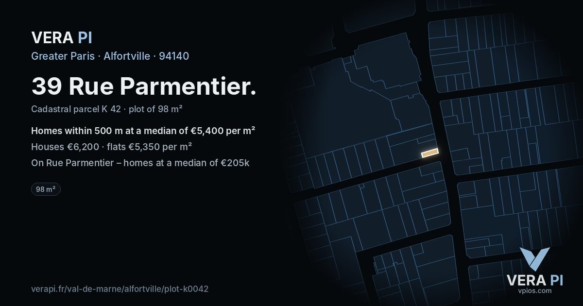 39 Rue Parmentier, Alfortville at night – the plot lit, the parcels around coloured by the prices near them