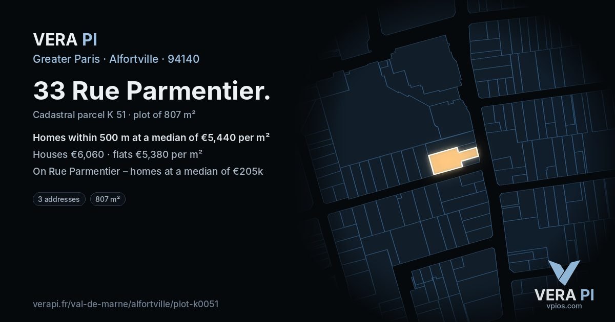 33 Rue Parmentier, Alfortville at night – the plot lit, the parcels around coloured by the prices near them