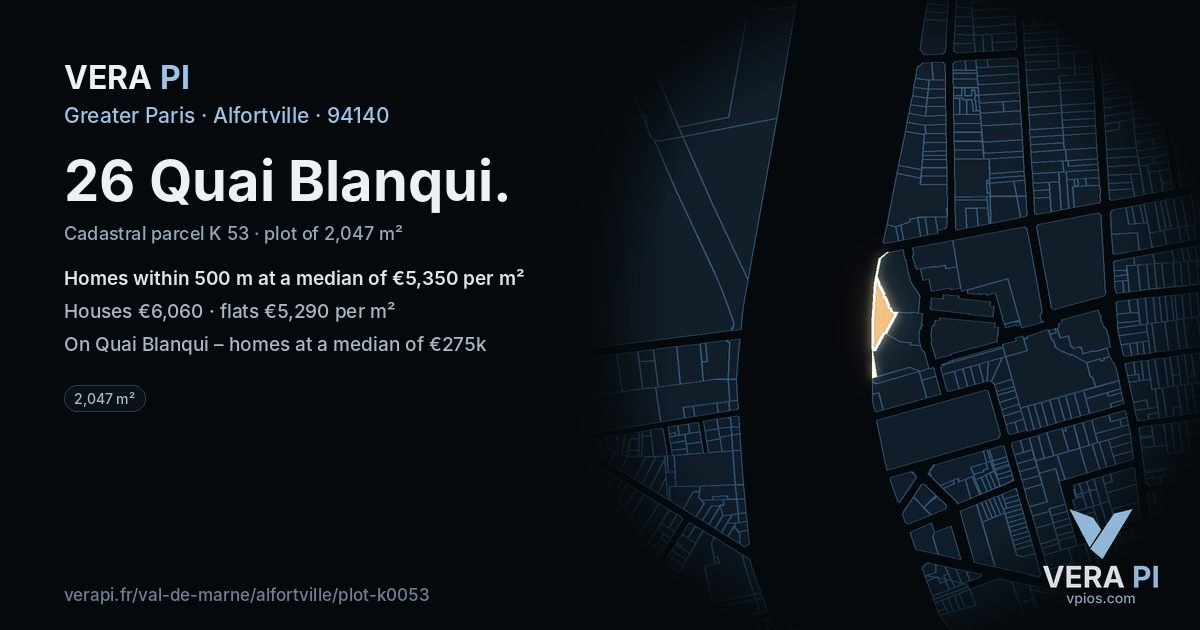 26 Quai Blanqui, Alfortville at night – the plot lit, the parcels around coloured by the prices near them