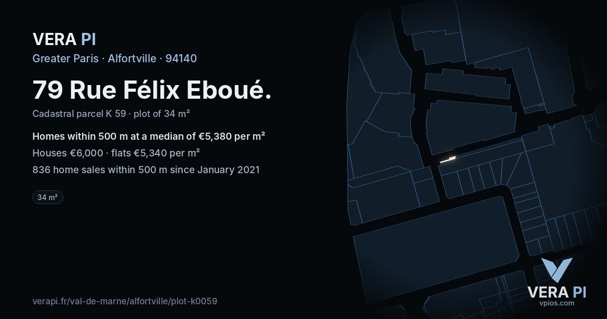 79 Rue Félix Eboué, Alfortville at night – the plot lit, the parcels around coloured by the prices near them