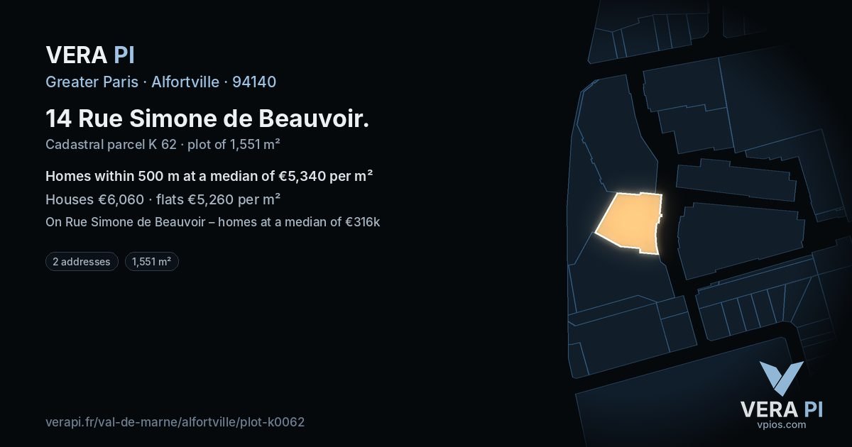 14 Rue Simone de Beauvoir, Alfortville at night – the plot lit, the parcels around coloured by the prices near them