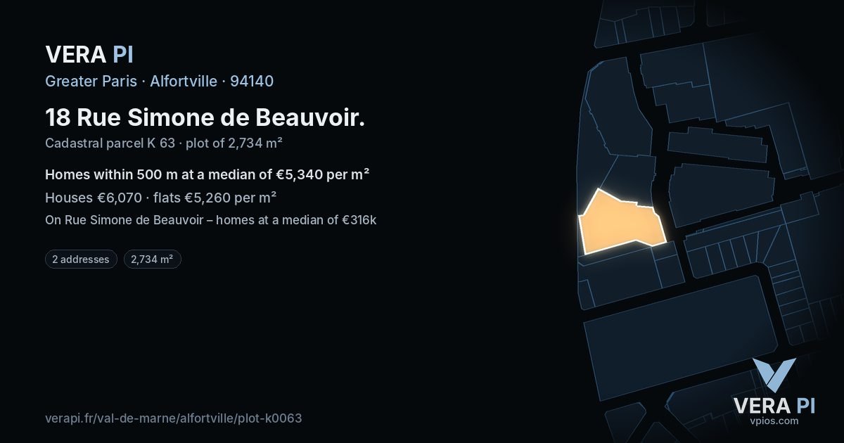 18 Rue Simone de Beauvoir, Alfortville at night – the plot lit, the parcels around coloured by the prices near them
