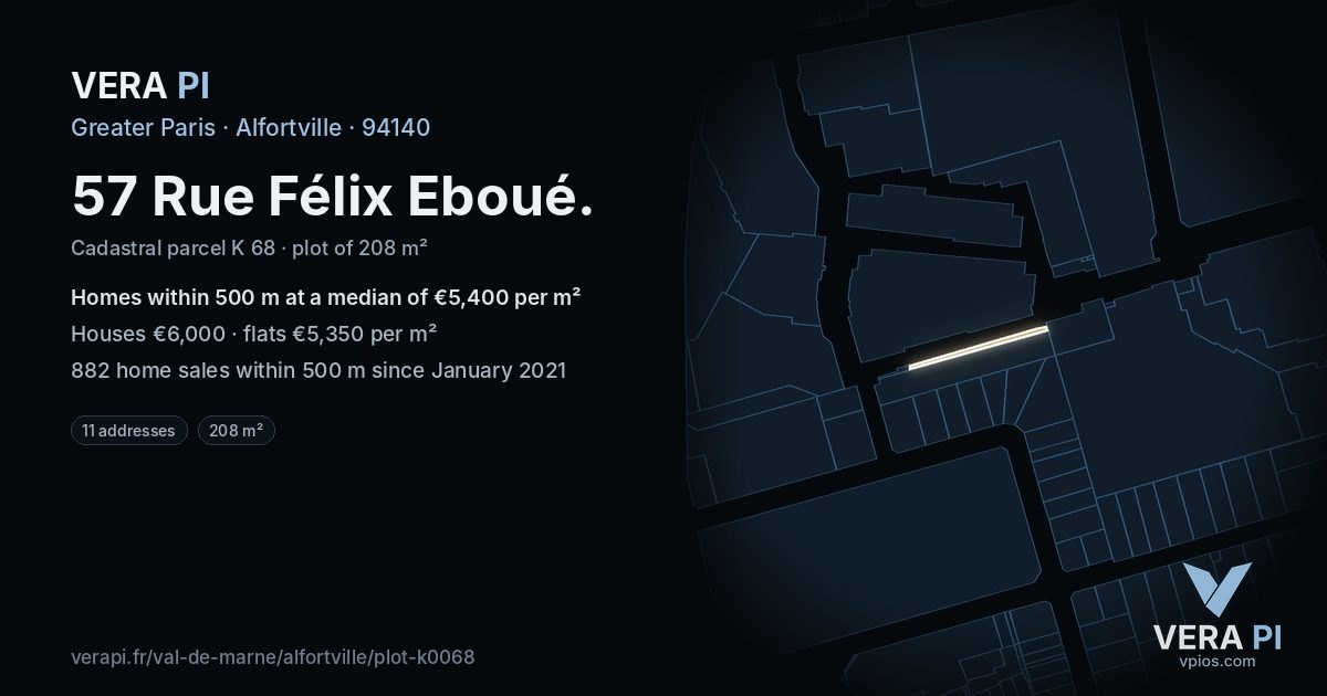57 Rue Félix Eboué, Alfortville at night – the plot lit, the parcels around coloured by the prices near them