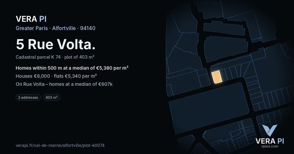 5 Rue Volta, Alfortville at night – the plot lit, the parcels around coloured by the prices near them