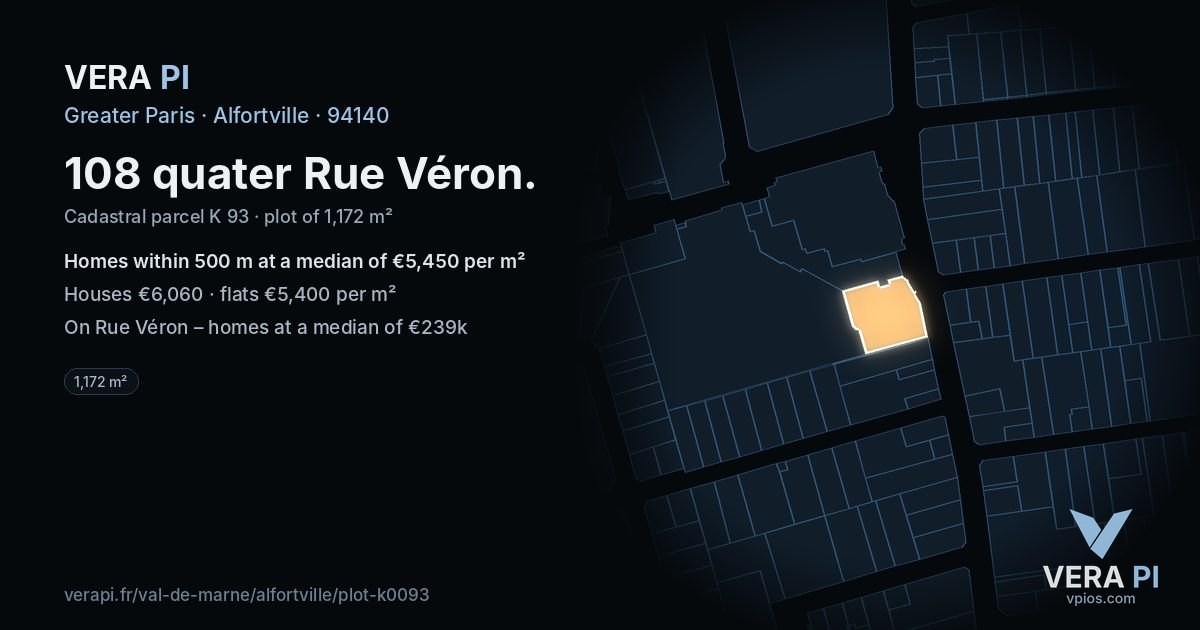 108 quater Rue Véron, Alfortville at night – the plot lit, the parcels around coloured by the prices near them