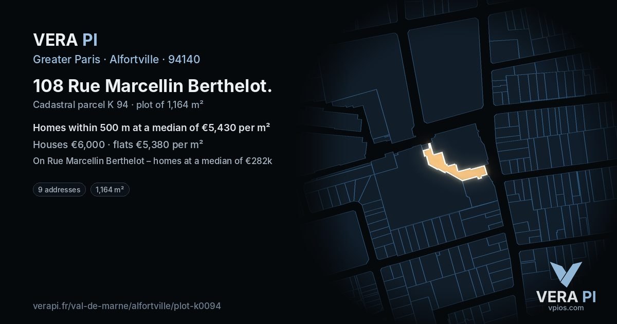 108 Rue Marcellin Berthelot, Alfortville at night – the plot lit, the parcels around coloured by the prices near them
