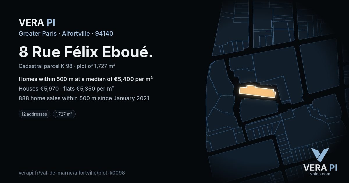 8 Rue Félix Eboué, Alfortville at night – the plot lit, the parcels around coloured by the prices near them