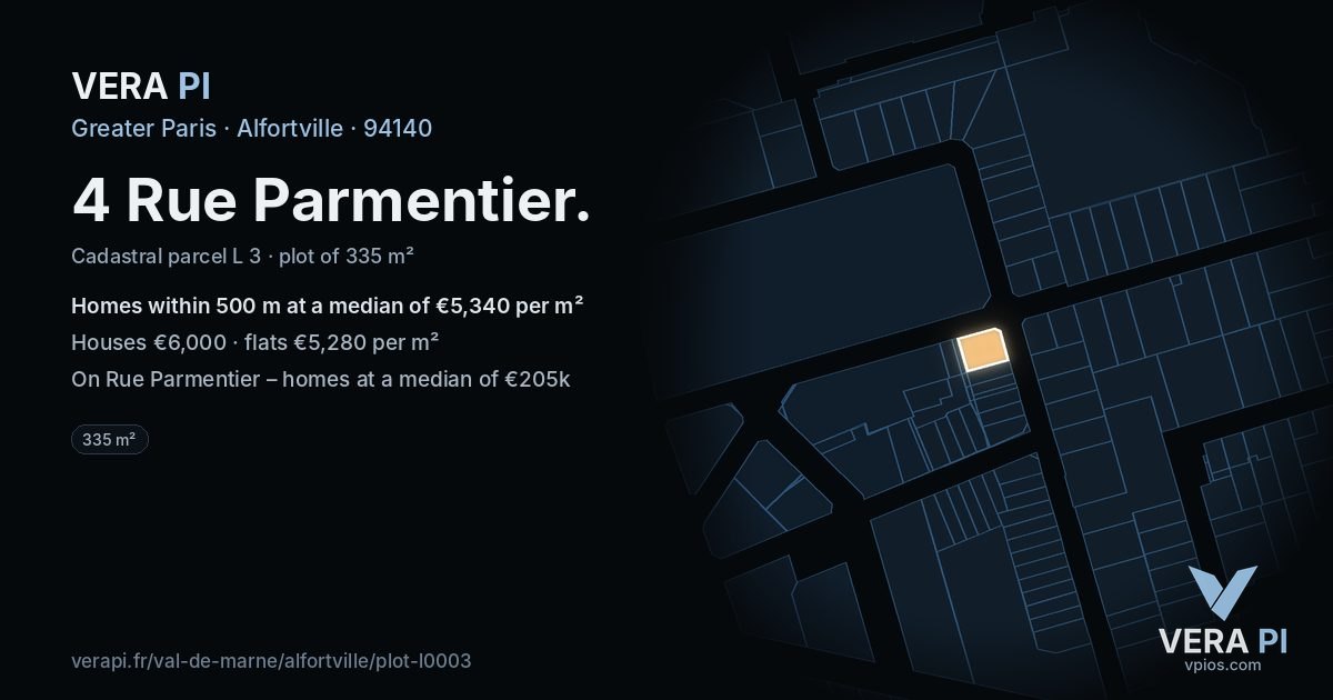 4 Rue Parmentier, Alfortville at night – the plot lit, the parcels around coloured by the prices near them