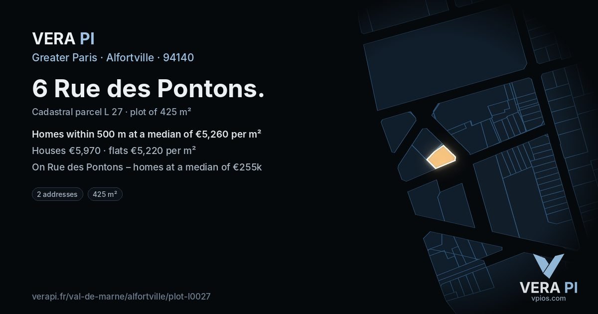 6 Rue des Pontons, Alfortville at night – the plot lit, the parcels around coloured by the prices near them