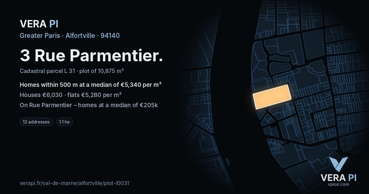 3 Rue Parmentier, Alfortville at night – the plot lit, the parcels around coloured by the prices near them