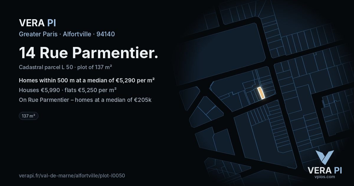 14 Rue Parmentier, Alfortville at night – the plot lit, the parcels around coloured by the prices near them
