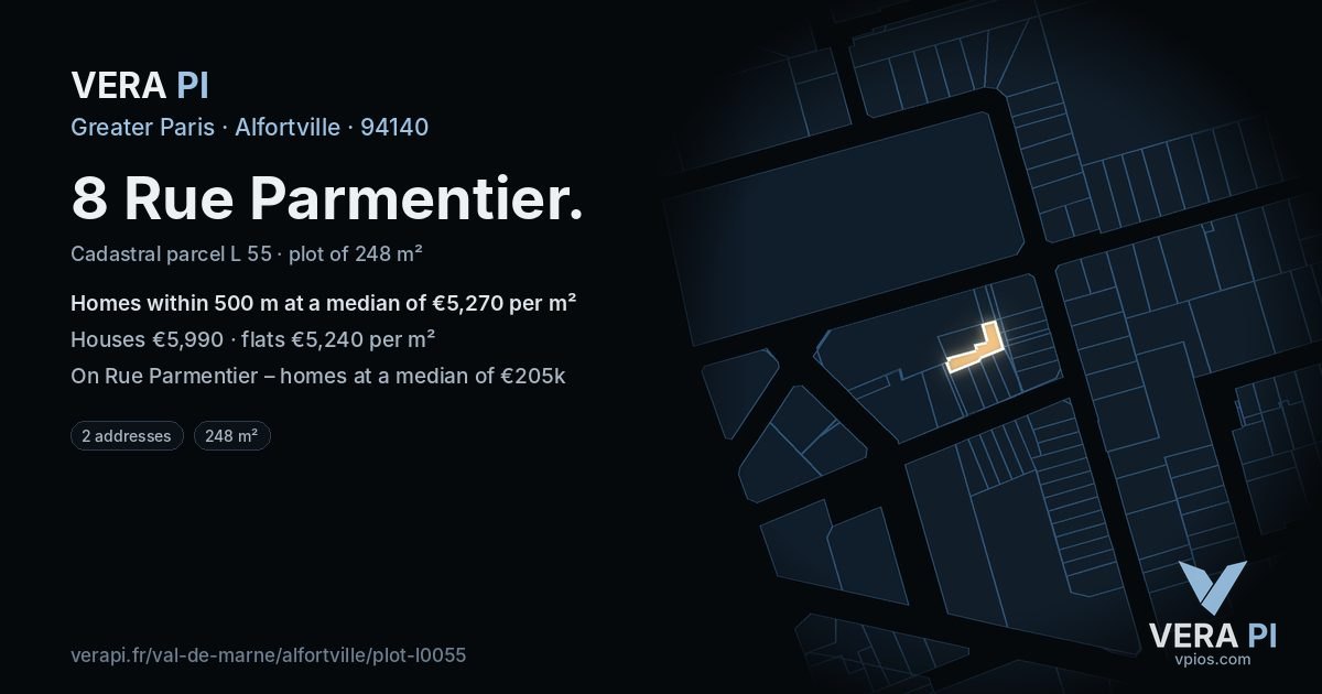 8 Rue Parmentier, Alfortville at night – the plot lit, the parcels around coloured by the prices near them