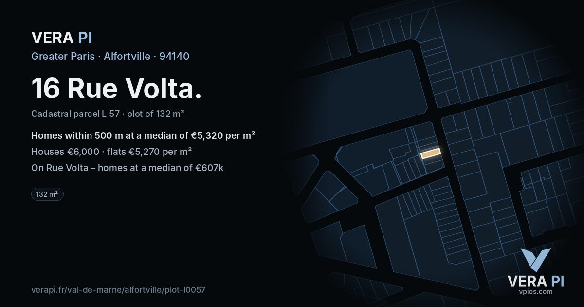 16 Rue Volta, Alfortville at night – the plot lit, the parcels around coloured by the prices near them