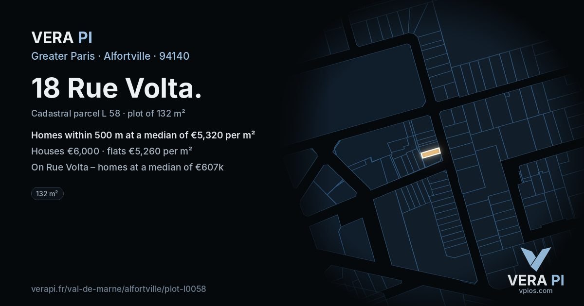 18 Rue Volta, Alfortville at night – the plot lit, the parcels around coloured by the prices near them