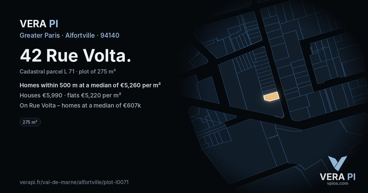 42 Rue Volta, Alfortville at night – the plot lit, the parcels around coloured by the prices near them