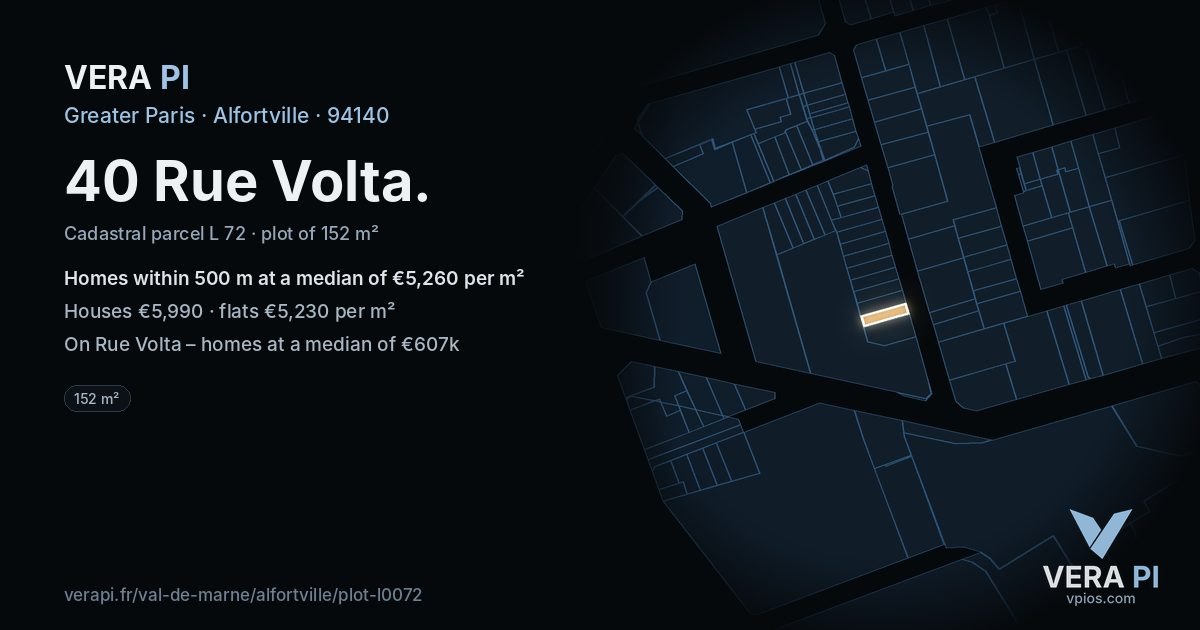 40 Rue Volta, Alfortville at night – the plot lit, the parcels around coloured by the prices near them