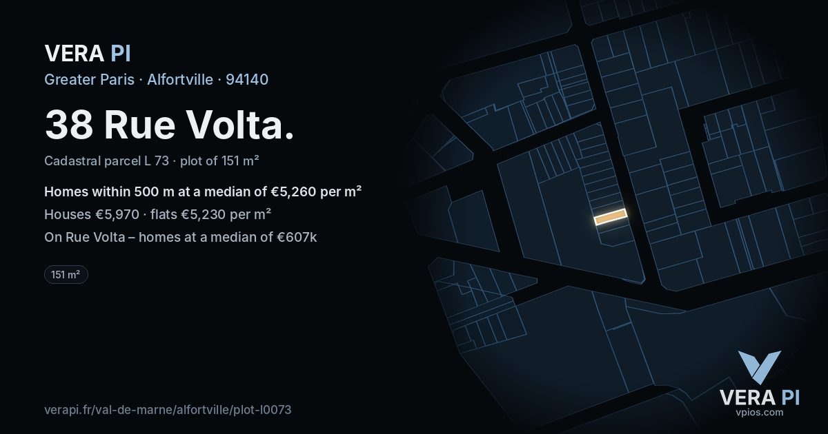 38 Rue Volta, Alfortville at night – the plot lit, the parcels around coloured by the prices near them