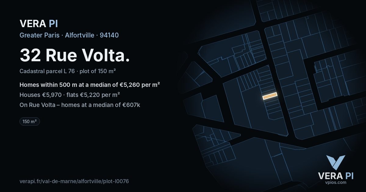 32 Rue Volta, Alfortville at night – the plot lit, the parcels around coloured by the prices near them