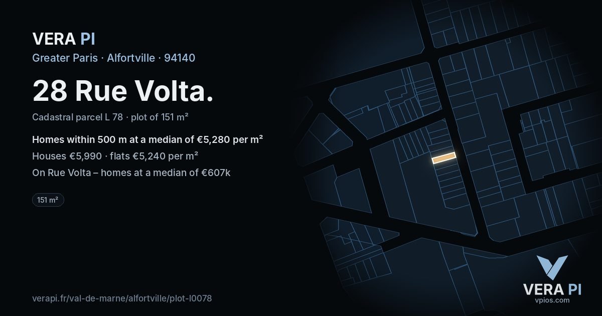 28 Rue Volta, Alfortville at night – the plot lit, the parcels around coloured by the prices near them