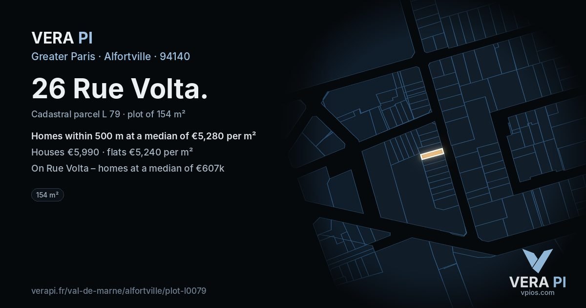 26 Rue Volta, Alfortville at night – the plot lit, the parcels around coloured by the prices near them