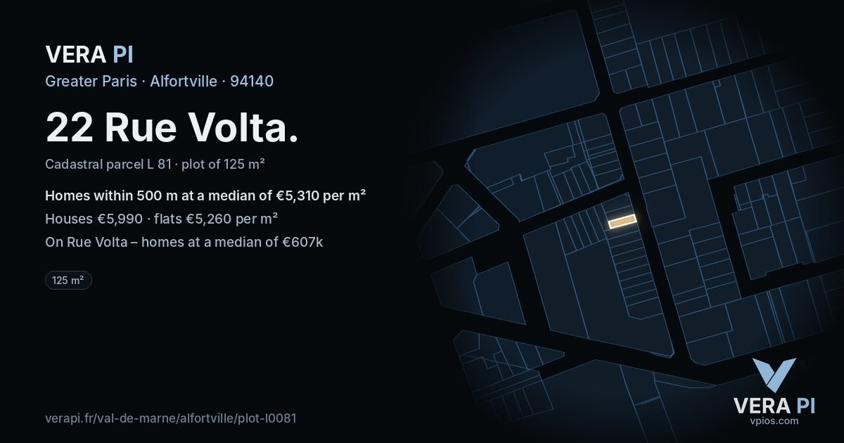 22 Rue Volta, Alfortville at night – the plot lit, the parcels around coloured by the prices near them