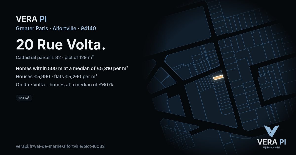 20 Rue Volta, Alfortville at night – the plot lit, the parcels around coloured by the prices near them