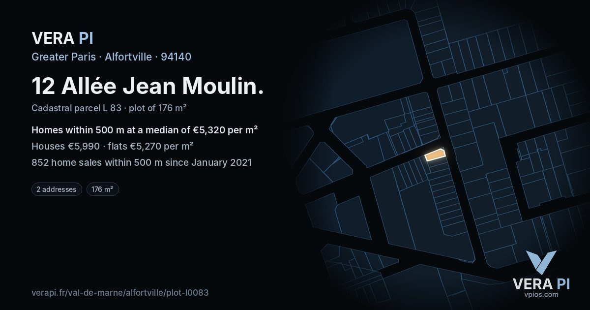 12 Allée Jean Moulin, Alfortville at night – the plot lit, the parcels around coloured by the prices near them