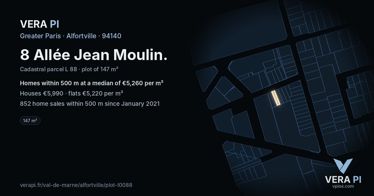 8 Allée Jean Moulin, Alfortville at night – the plot lit, the parcels around coloured by the prices near them