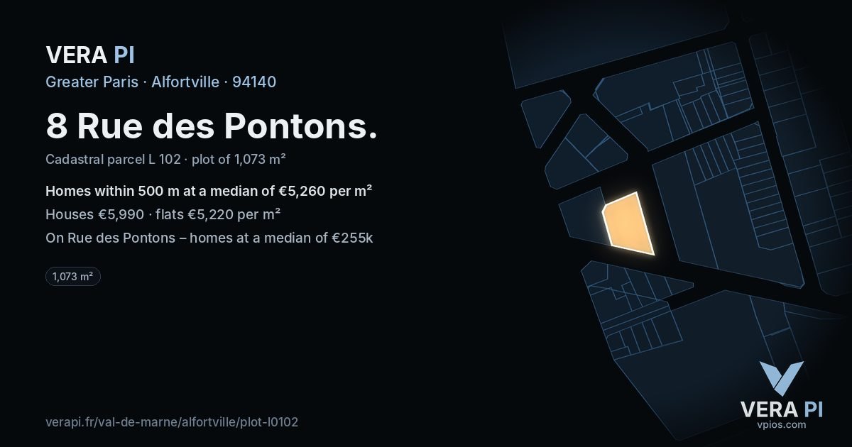 8 Rue des Pontons, Alfortville at night – the plot lit, the parcels around coloured by the prices near them