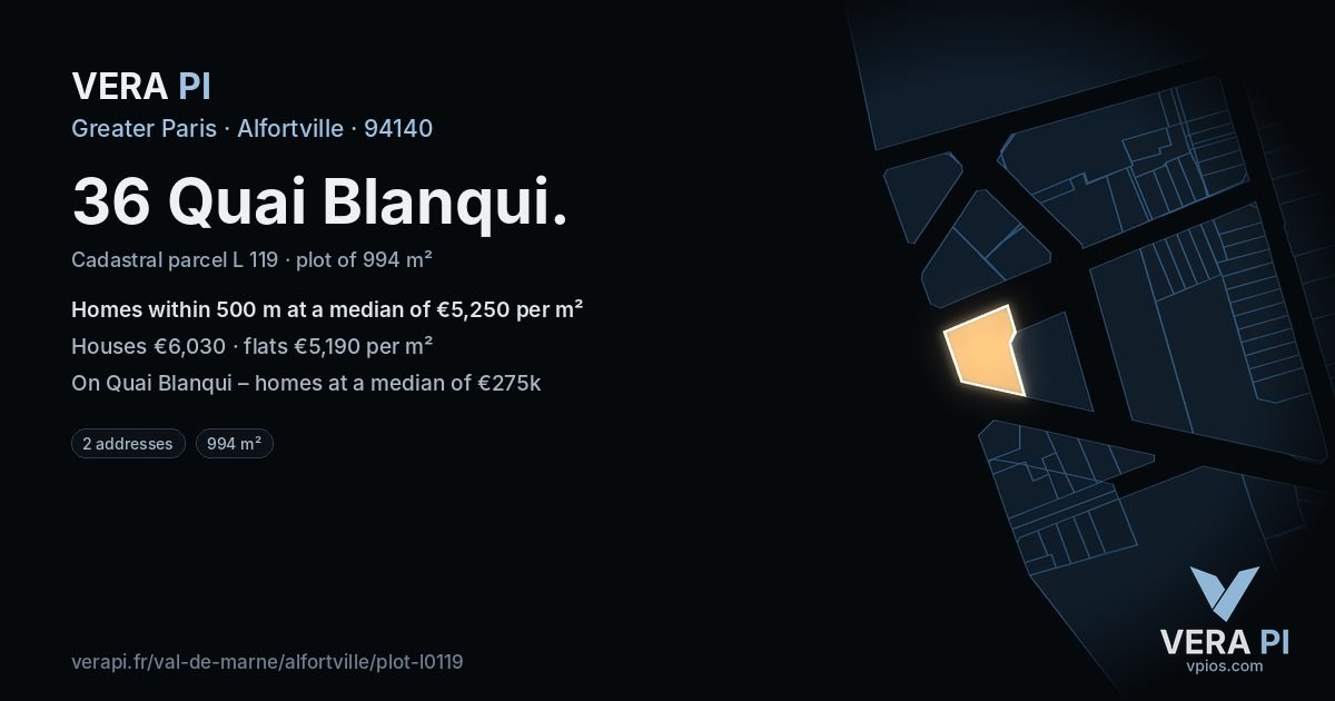 36 Quai Blanqui, Alfortville at night – the plot lit, the parcels around coloured by the prices near them