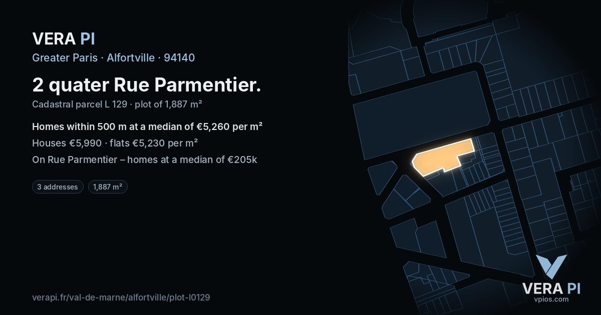 2 quater Rue Parmentier, Alfortville at night – the plot lit, the parcels around coloured by the prices near them