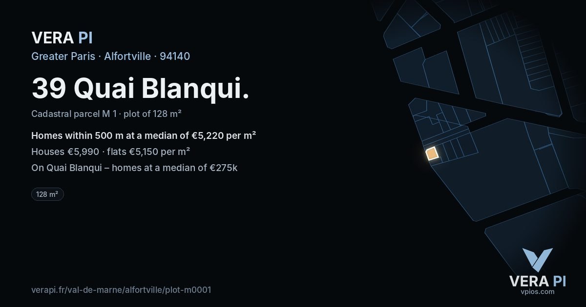 39 Quai Blanqui, Alfortville at night – the plot lit, the parcels around coloured by the prices near them