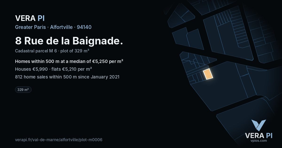 8 Rue de la Baignade, Alfortville at night – the plot lit, the parcels around coloured by the prices near them