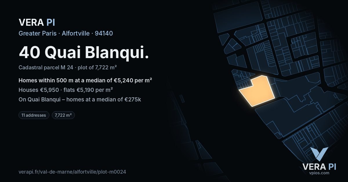 40 Quai Blanqui, Alfortville at night – the plot lit, the parcels around coloured by the prices near them