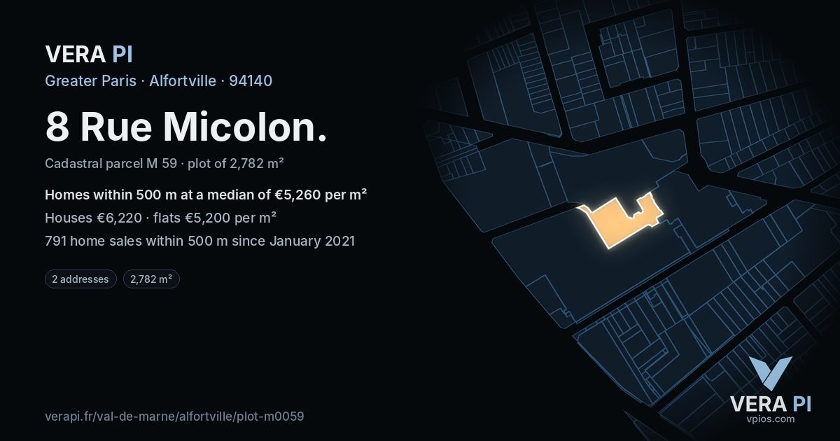 8 Rue Micolon, Alfortville at night – the plot lit, the parcels around coloured by the prices near them