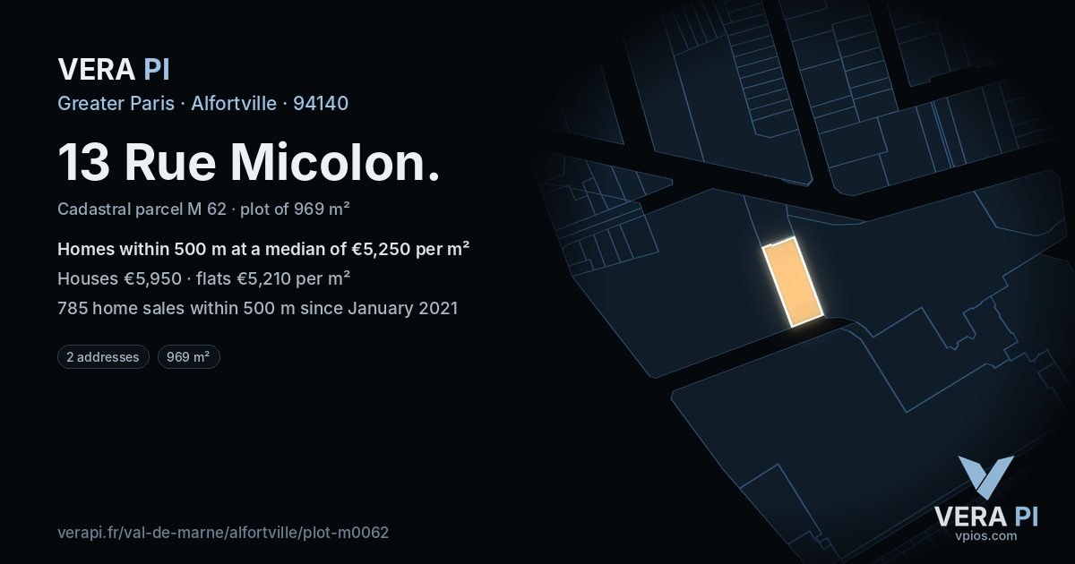13 Rue Micolon, Alfortville at night – the plot lit, the parcels around coloured by the prices near them