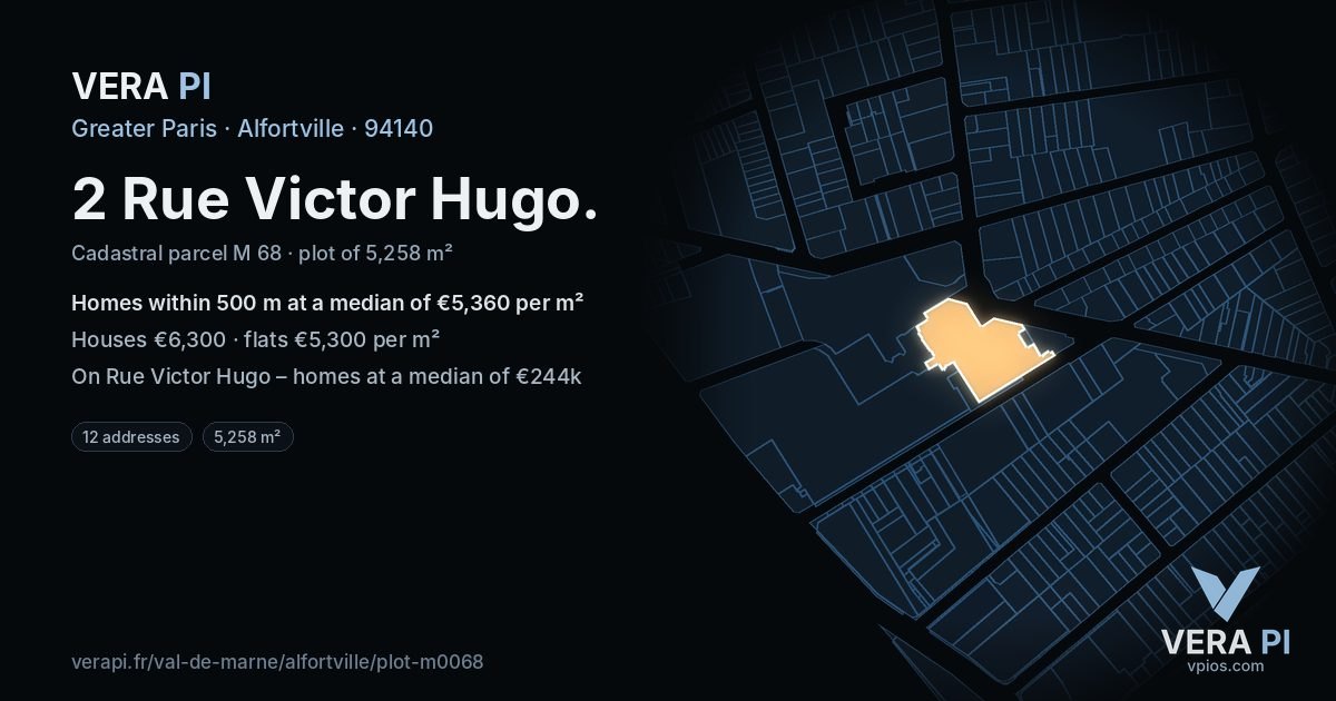 2 Rue Victor Hugo, Alfortville at night – the plot lit, the parcels around coloured by the prices near them