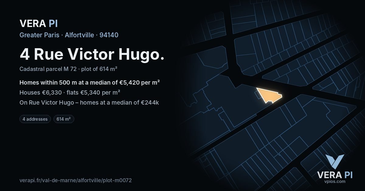 4 Rue Victor Hugo, Alfortville at night – the plot lit, the parcels around coloured by the prices near them