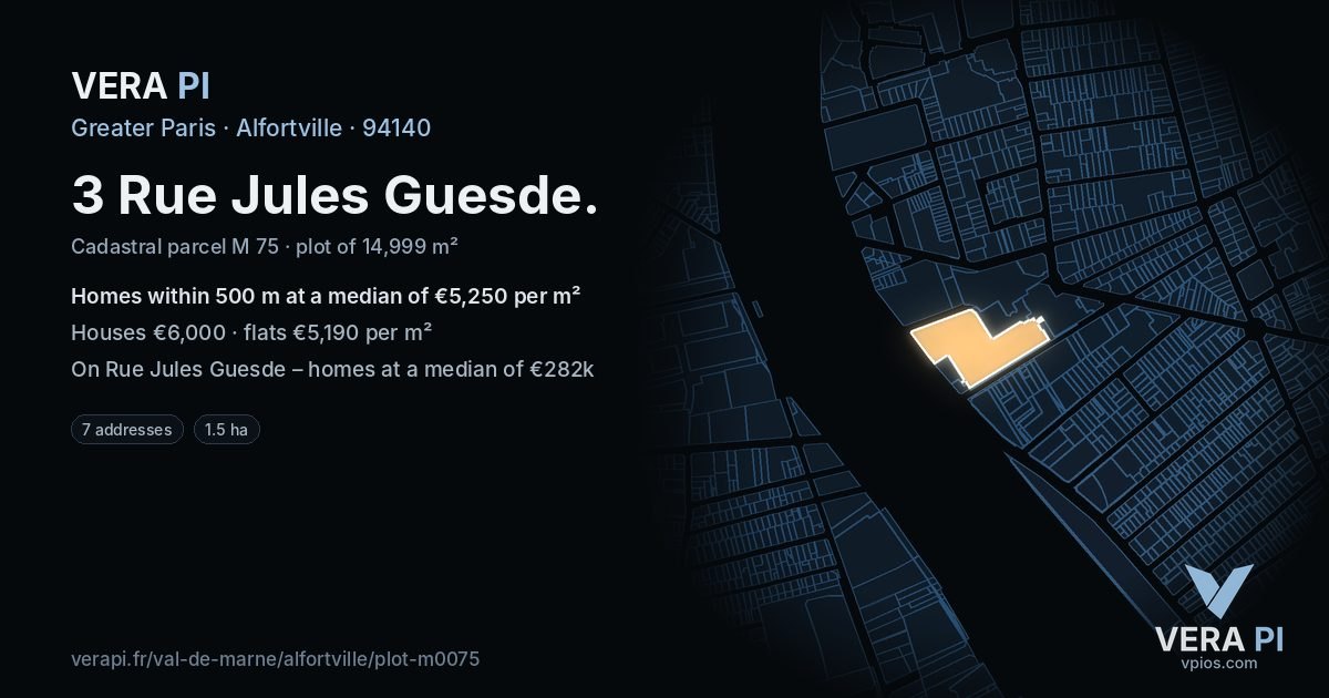 3 Rue Jules Guesde, Alfortville at night – the plot lit, the parcels around coloured by the prices near them