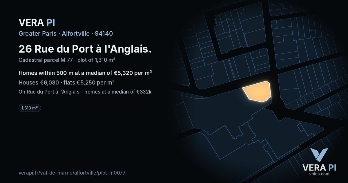 26 Rue du Port à l'Anglais, Alfortville at night – the plot lit, the parcels around coloured by the prices near them
