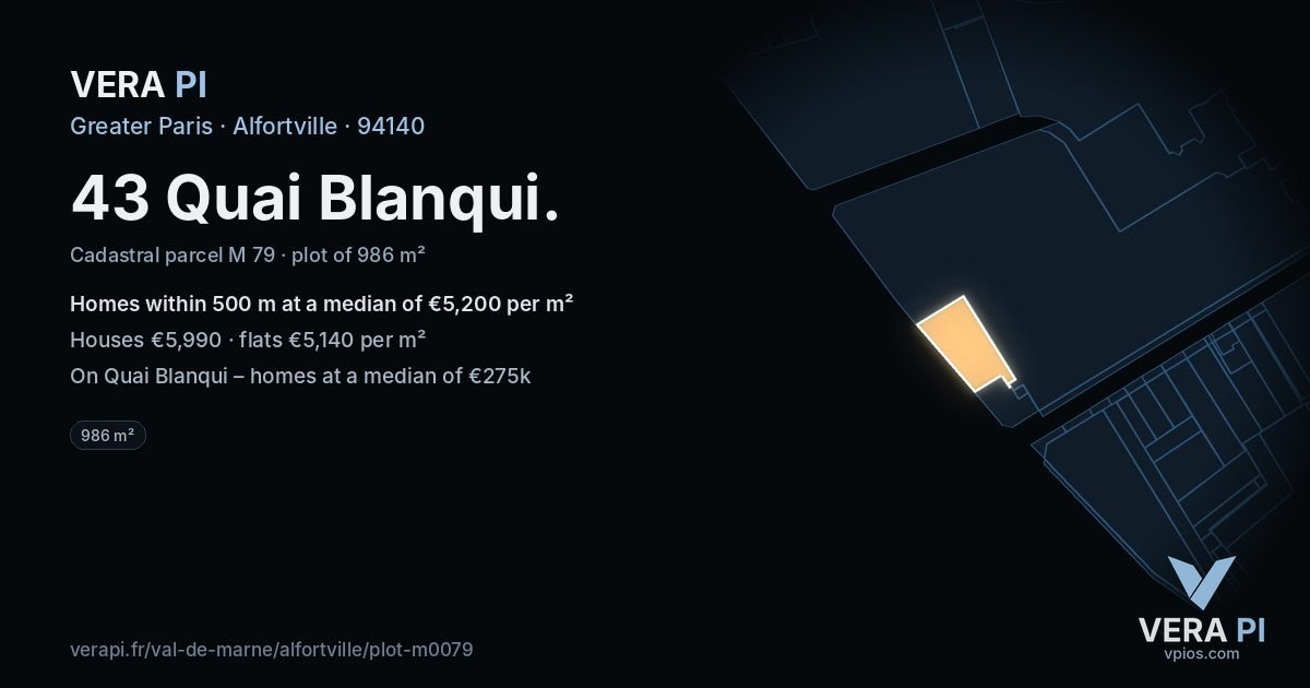 43 Quai Blanqui, Alfortville at night – the plot lit, the parcels around coloured by the prices near them