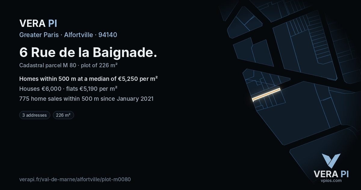 6 Rue de la Baignade, Alfortville at night – the plot lit, the parcels around coloured by the prices near them