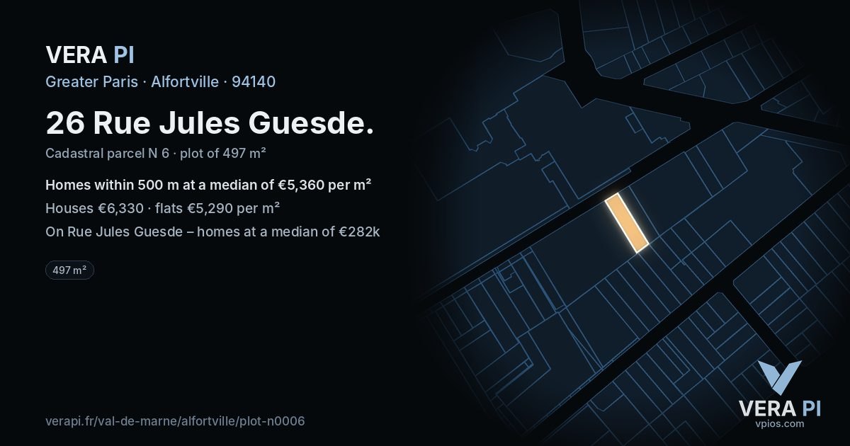 26 Rue Jules Guesde, Alfortville at night – the plot lit, the parcels around coloured by the prices near them