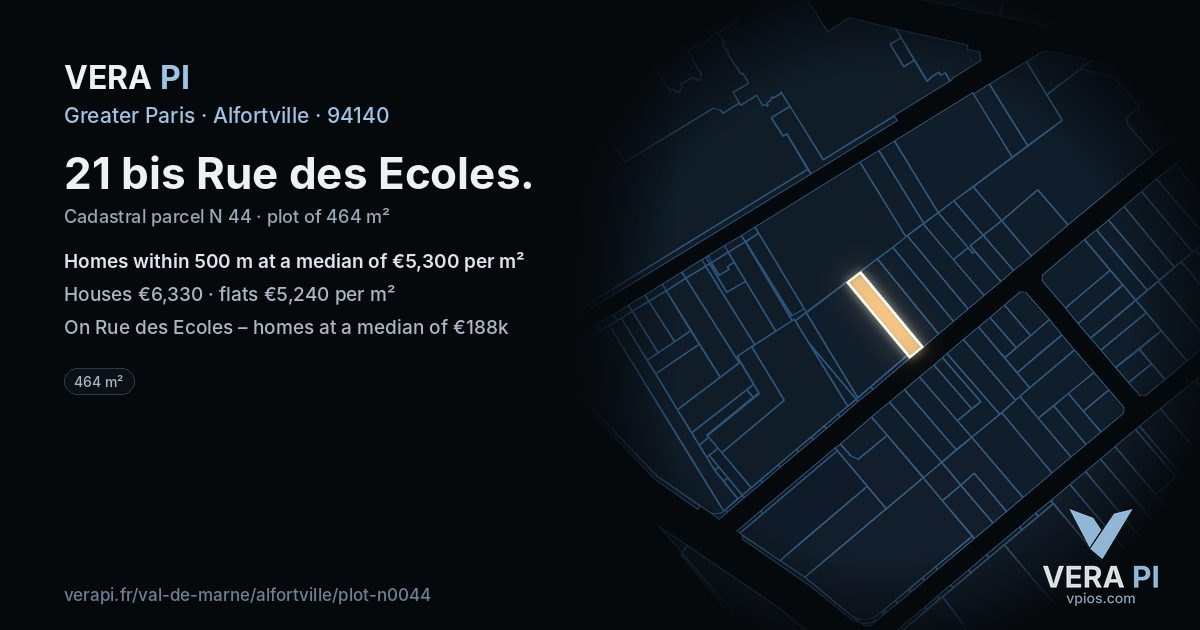 21 bis Rue des Ecoles, Alfortville at night – the plot lit, the parcels around coloured by the prices near them
