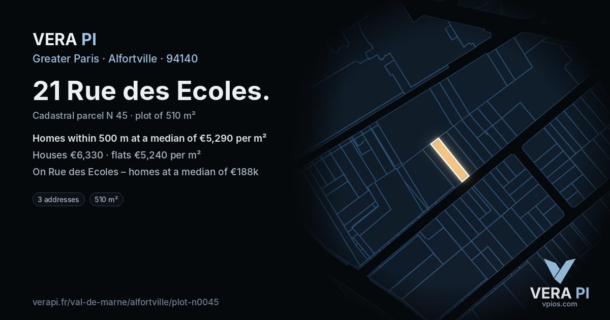 21 Rue des Ecoles, Alfortville at night – the plot lit, the parcels around coloured by the prices near them